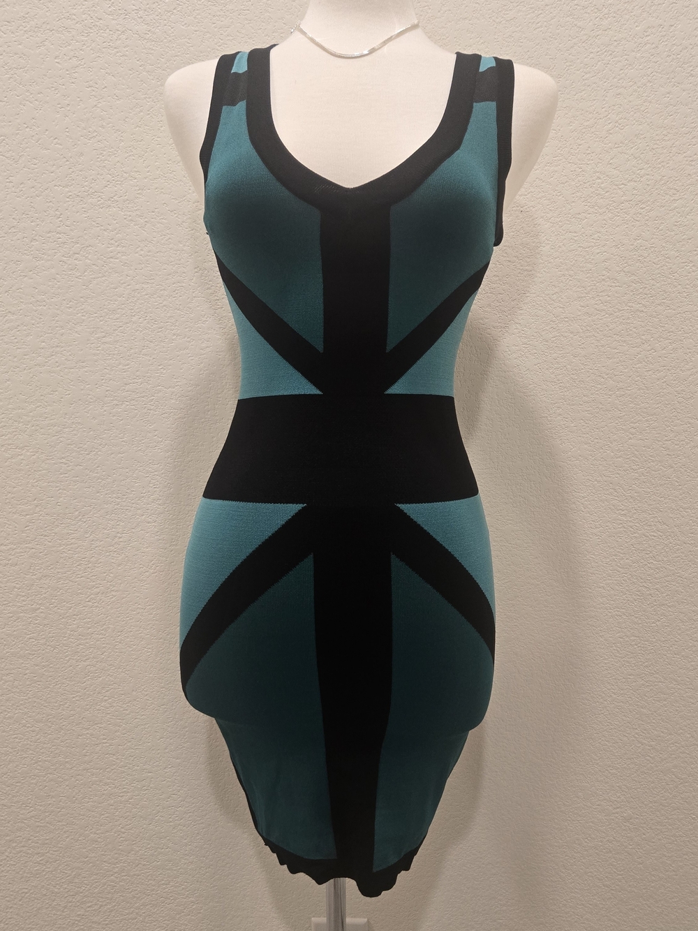 XOXO Teal & Black Geometric Bodycon Mini Dress